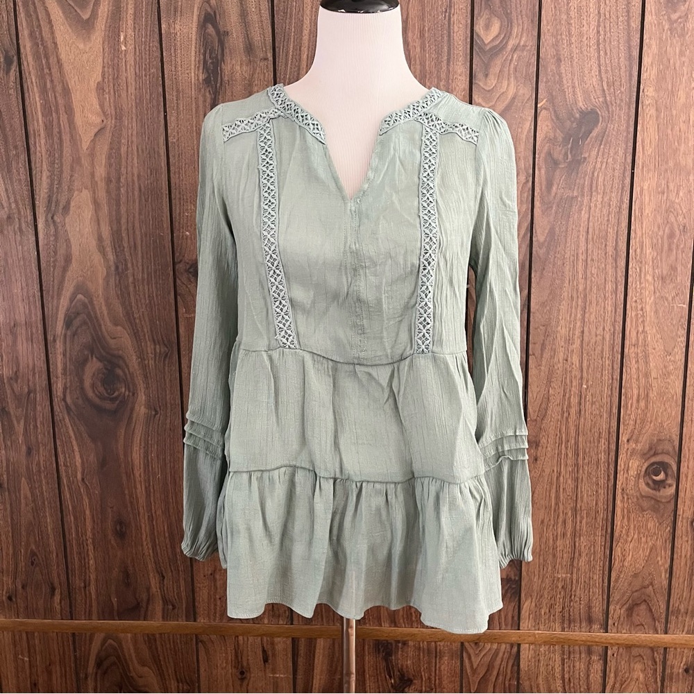 Zac & Rachel Peasant Top Tunic Blouse Boho Sheer Balloon Sleeve Tiered Green M
